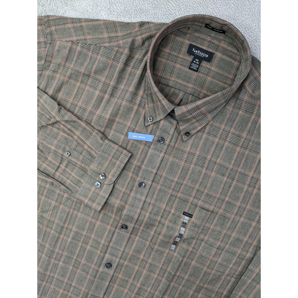 Van Heusen XXL Mens Brown Plaid‎ Long Sleeve No Iron Button Down Shirt